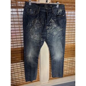 ED HARDY Mens Jeans Dragon Tattoo Embroidered Denim Size 38x34
